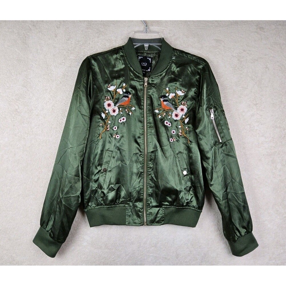 Iris Los Angeles Women's Full Zip Satin Birds Flower Embroidered Jacket Size M